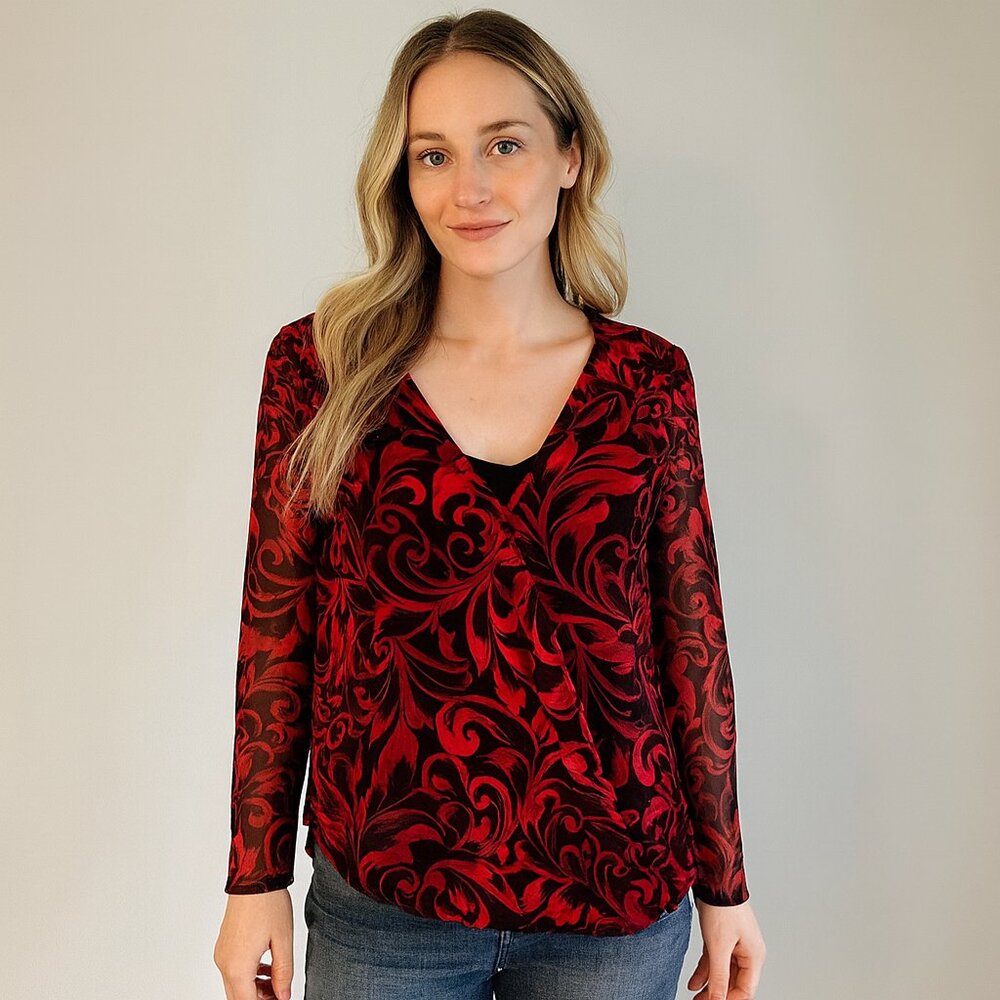 INC International Concepts NEW Red Black Sheer Filigree Wrap Blouse Top Size 1X